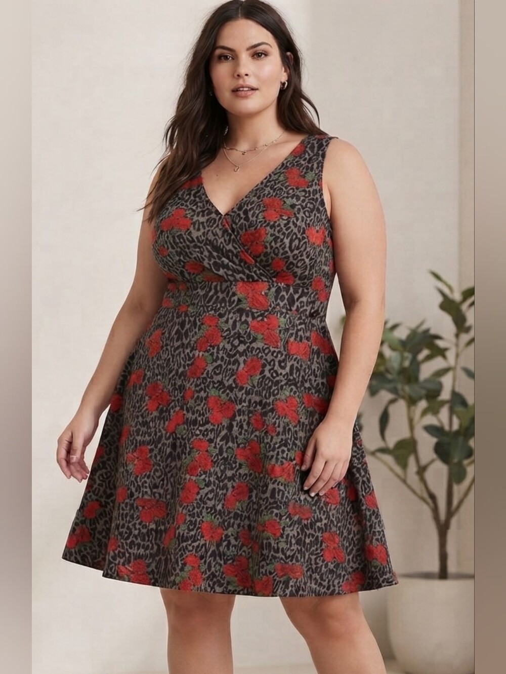 Torrid Red Rose & Leopard Print Sleeveless Skater Dress Sz 20 EUC